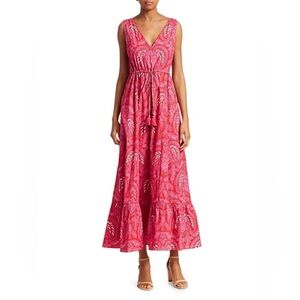 Figue Indira Batik Print Tiered Ruffle Hem Maxi Dress Pink Size M with pockets